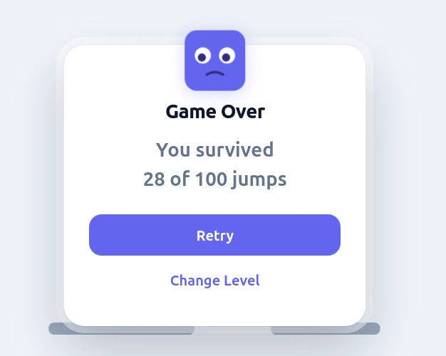 Das Bild zeigt ein Game Over Fenster mit einer traurigen Emoji-Grafik. Es zeigt an, dass 28 von 100 Sprüngen überlebt wurden, und bietet Optionen wie Erneut versuchen und Level ändern.