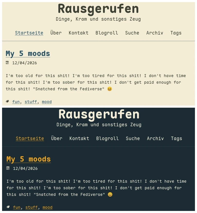 Das Bild zeigt zwei Farbschemen eines Blog. Zu sehen sind der Header mit dem Navigationnsmenü und ein Blogpost. Beide Versionen enthalten denselben Text aber ein helles einen dunkles Theme.
