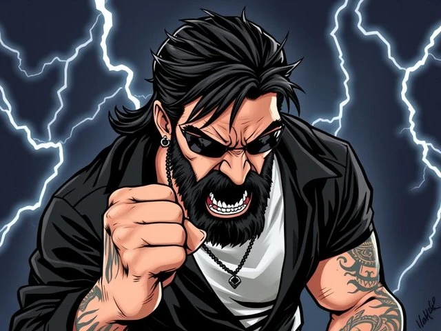 Comicdarstellung eines wütenden Mannes mit schwarzen Haaren, Bart, Ohrring und Tätowierungen, der eine Faust nach vorne streckt vor einem Hintergrund mit Blitzsymbolen