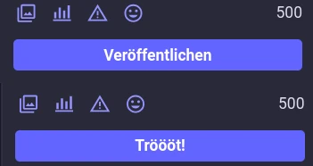 Zwei violette Buttons mit deutschem Text auf dunkelgrauem Hintergrund, darüber jeweils eine Zeile mit vier Icons.