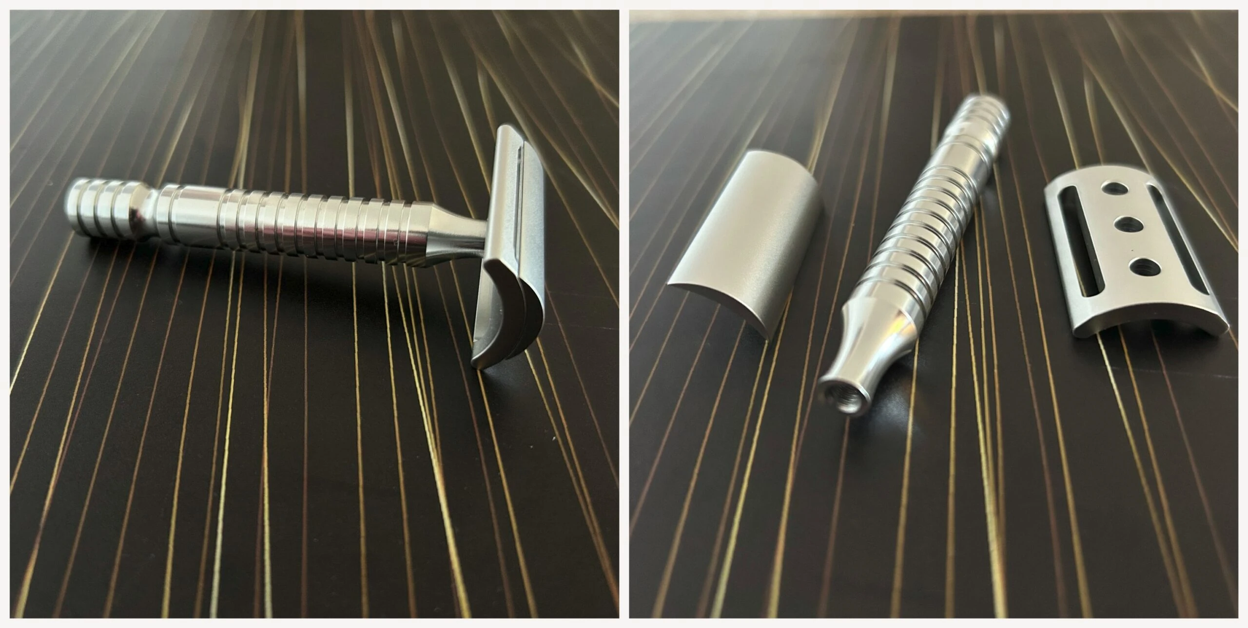 Zweigeteilte Ansicht eines zerlegten Rasierhobels aus Metall mit geriffeltem Griff auf dunklem Untergrund mit feinen Linien