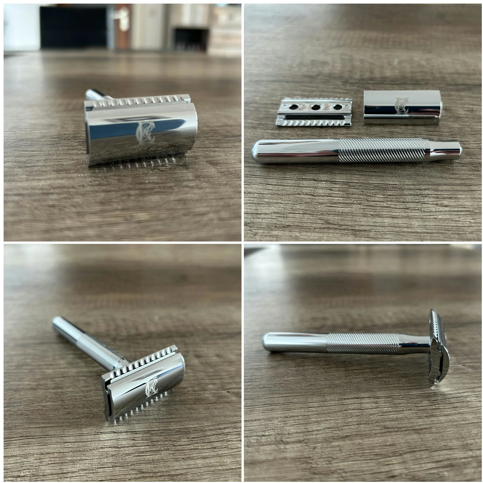 Vier Aufnahmen eines zerlegten und zusammengesetzten Rasierhobels aus glänzendem Metall mit geriffeltem Griff und eingraviertem Logo auf dem Kopfstück