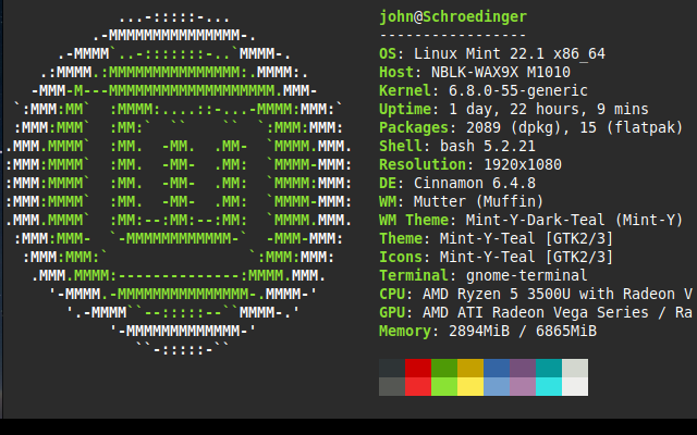 Das Bild zeigt einen Screenshot eines Linux Mint-Desktops. Im Vordergrund ist ein ASCII-Art-Muster zu sehen, das an ein stilisiertes Gesicht oder einen Kreis erinnert. Daneben befindet sich ein Terminalfenster, das Systeminformationen anzeigt, darunter Betriebssystemversion, Kernel, Uptime, installierte Pakete, verwendete Desktop-Umgebung (Cinnamon), Fenstermanager (Mutter), Themes und Hardware-Spezifikationen (CPU, GPU, Arbeitsspeicher). Die Farbpalette der verwendeten Themes ist am unteren Bildschirmrand als Farbbalken dargestellt