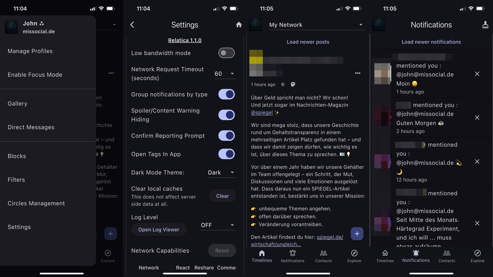 Screenshots einer mobilen App mit Einstellungen, Netzwerkübersicht und Benachrichtigungen, darunter Optionen wie Dark Mode, Spoiler-Warnung und Ladezustände von Posts und Benachrichtigungen.