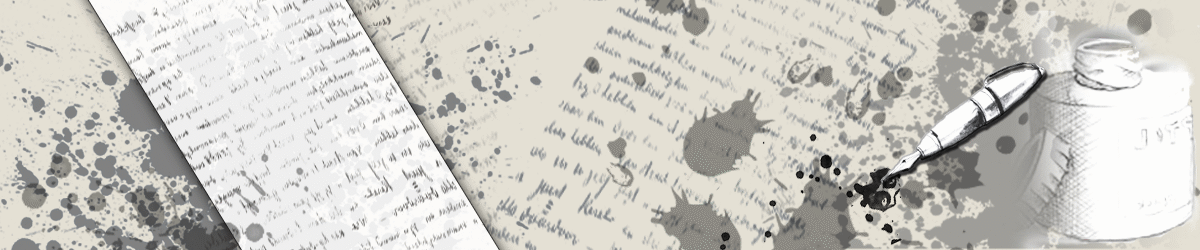 Das Bild zeigt einen abstrakten Hintergrund aus handschriftlichem Text und Tintenklecksen in Grau- und Weißtönen. Im Vordergrund ist eine Feder mit Tintenfass zu sehen, die auf den Text und die Flecken hinweist. Das Gesamtbild wirkt wie eine stilisierte Darstellung von Schreiben und dem kreativen Prozess, möglicherweise mit einem Fokus auf die Unordnung und Spontaneität des Schreibens.