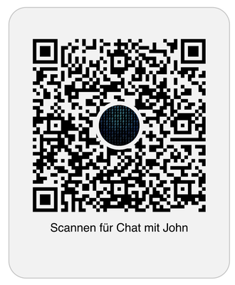 Das Bild zeigt einen QR-Code mit einem kleinen, dunkelblauen Kreis in der Mitte. Unter dem QR-Code steht der Text "Scannen für Chat mit John". Das Bild ist einfach gestaltet und dient offensichtlich dazu, den QR-Code gut sichtbar darzustellen.