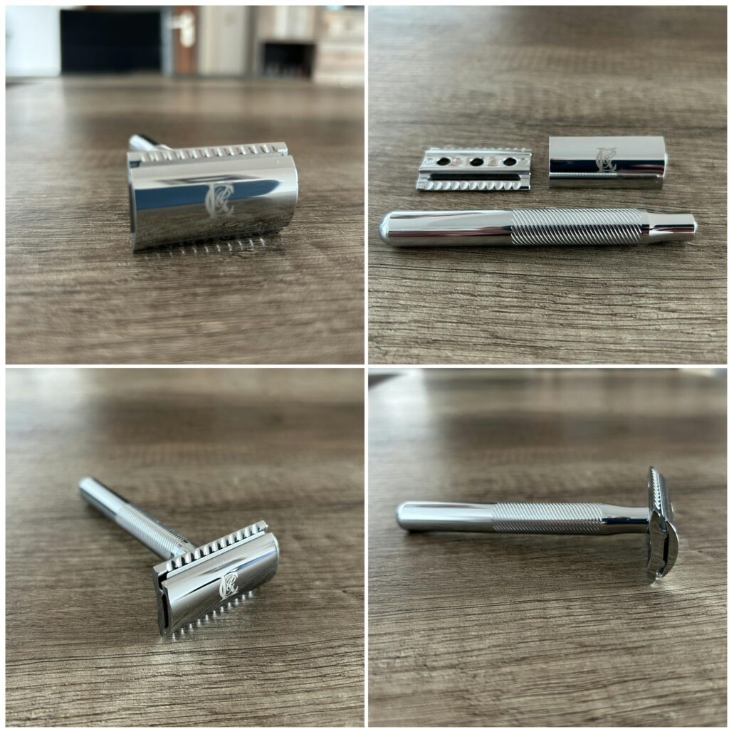 Das Bild zeigt einen silbernen Rasierer in vier verschiedenen Ansichten, die auf einem Holztisch platziert sind. Oben links ist der Rasierkopf separat zu sehen. Oben rechts sind die Einzelteile des Rasierers auseinandergelegt: der Griff, die Schutzplatte und der Kopf. Unten links ist der Rasierer zusammengebaut in einer Seitenansicht abgebildet, und unten rechts ist er in einer anderen Perspektive komplett montiert.